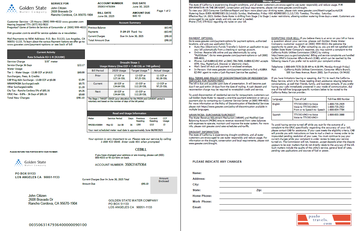 USA Golden State Water Company utility bill template in Word and PDF formats, 2 pages